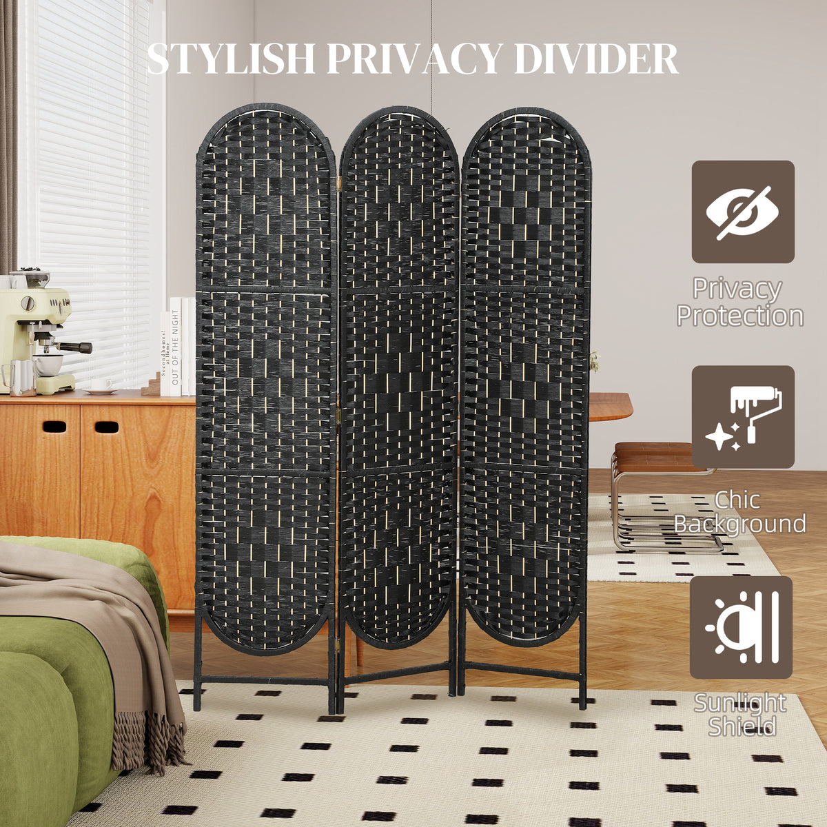 Bohemian Privacy Screen, Folding Room Divider with 4 Panels and Arched Top for Bedroom Living Room Office, Black