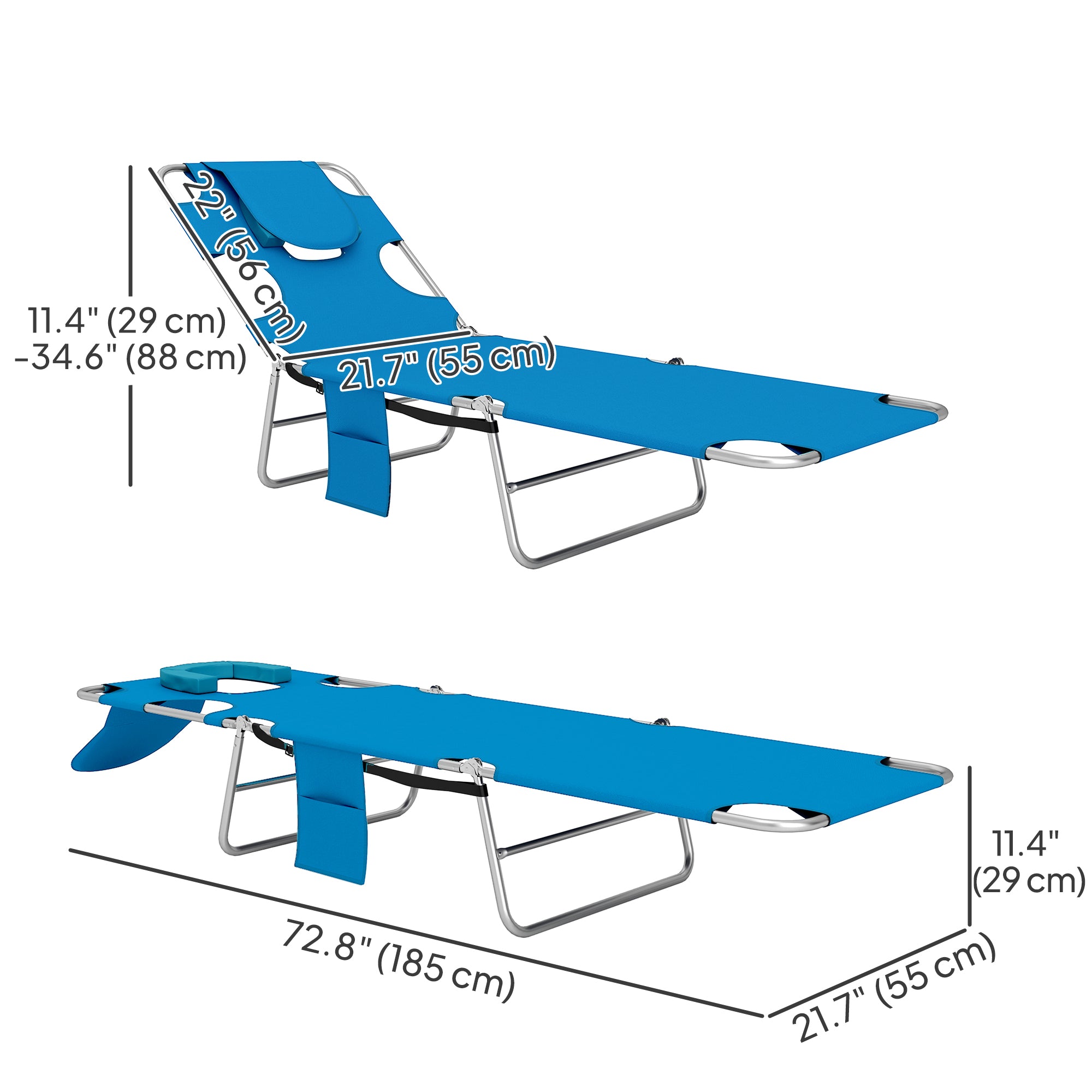 Folding Outdoor Lounge Chair, 5-Level Tanning Chair with Face Hole, Side Pocket, Carry Strap for Beach Pool, Grey