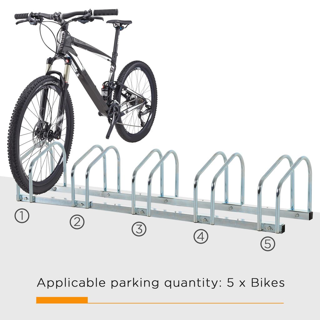 5-Bike Bicycle Floor Parking Rack Cycling Storage Stand Ground Mount Garage Organizer for Indoor and Outdoor Use Silver