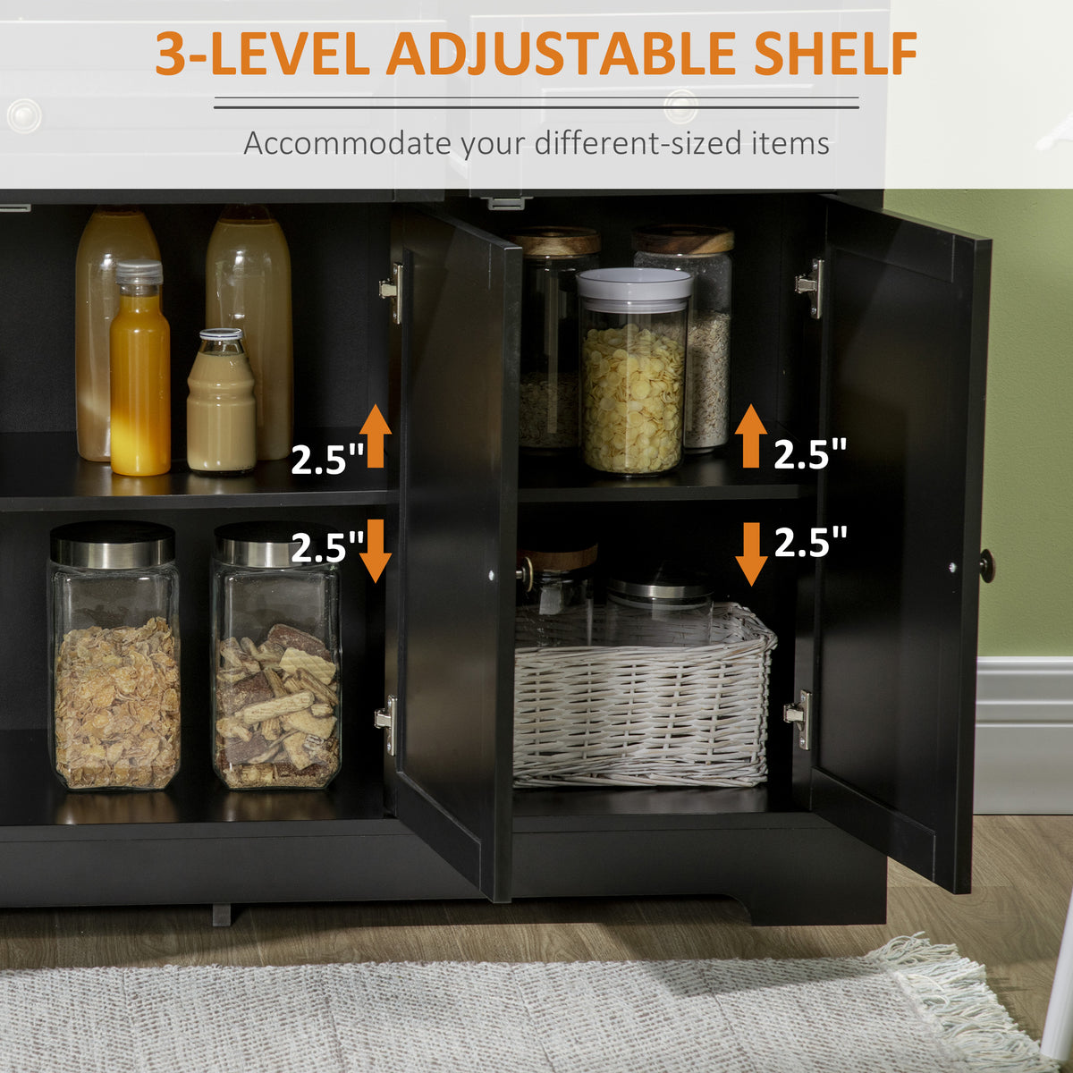 Modern Sideboard Cabinet, Buffet Cabinet with 2 Drawers and Adjustable Shelves, Buffets Tables for Dining Room, Black
