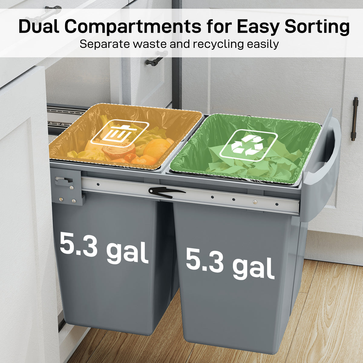 Pull Out Trash Can Under Cabinet, 10.6 Gallon (40L) Slide Out Garbage Can with 3 Removable Compartments, Grey