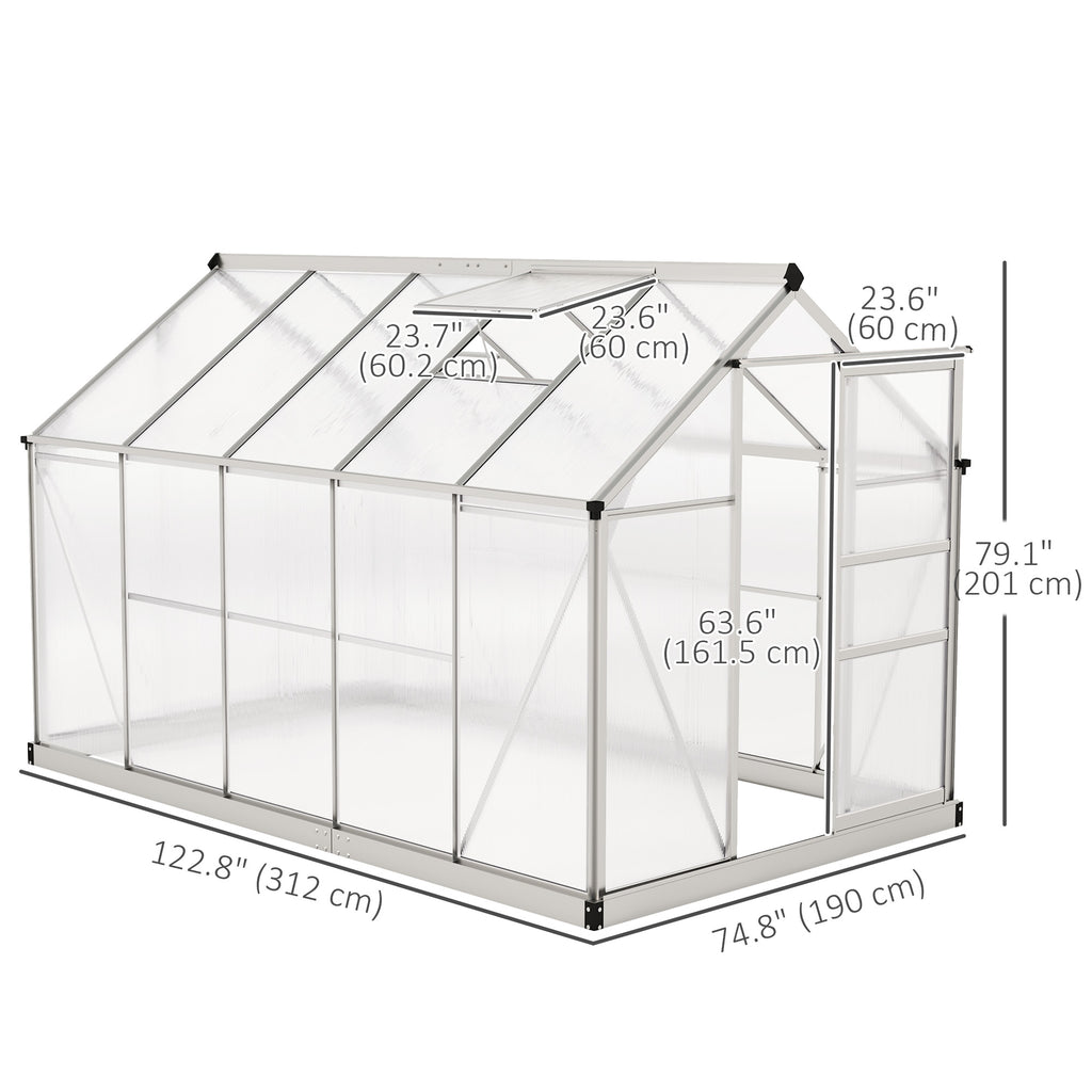 دفيئة بولي كربونات 6' × 10' × 6.6'، طقم دفيئة قائم بذاته للحديقة، لنمو النباتات، إطار من الألومنيوم المجلفن مع مزاريب للمطر، وفتحات تهوية وباب منزلق، فضي