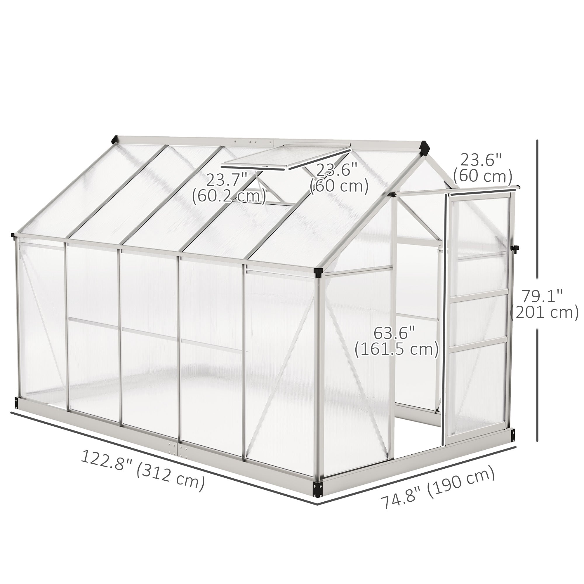 دفيئة بولي كربونات 6' × 10' × 6.6'، طقم دفيئة قائم بذاته للحديقة، لنمو النباتات، إطار من الألومنيوم المجلفن مع مزاريب للمطر، وفتحات تهوية وباب منزلق، فضي
