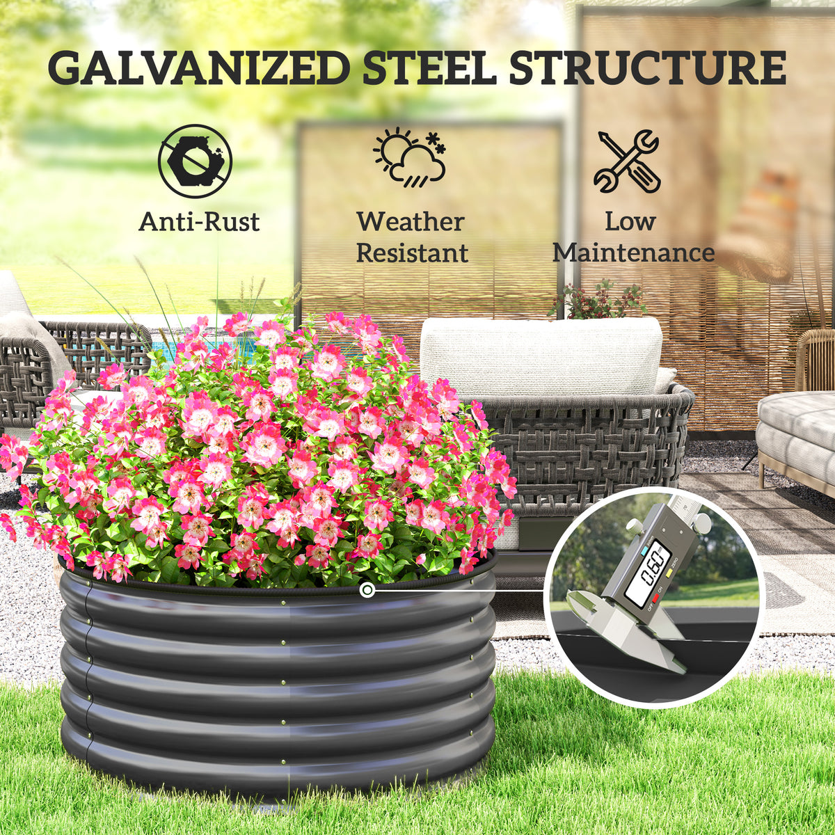 Galvanized Raised Flower Bed, 4 x 4 x 1.5 ft Outdoor Metal Raised Bed with Safety Edging and Gloves, Dark Grey
