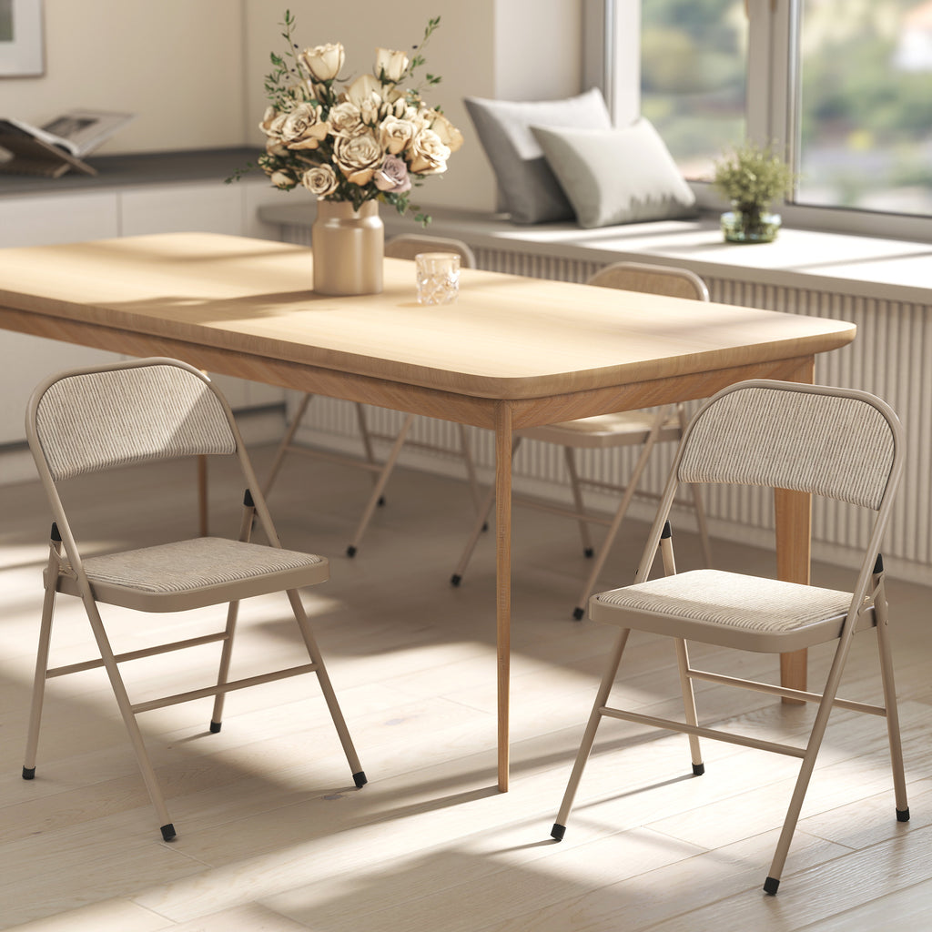 Set of 6 Metal Foldable Chairs, Faux Linen Padded Folding Chairs with Cushion Seat and Open Back for Indoor, Beige
