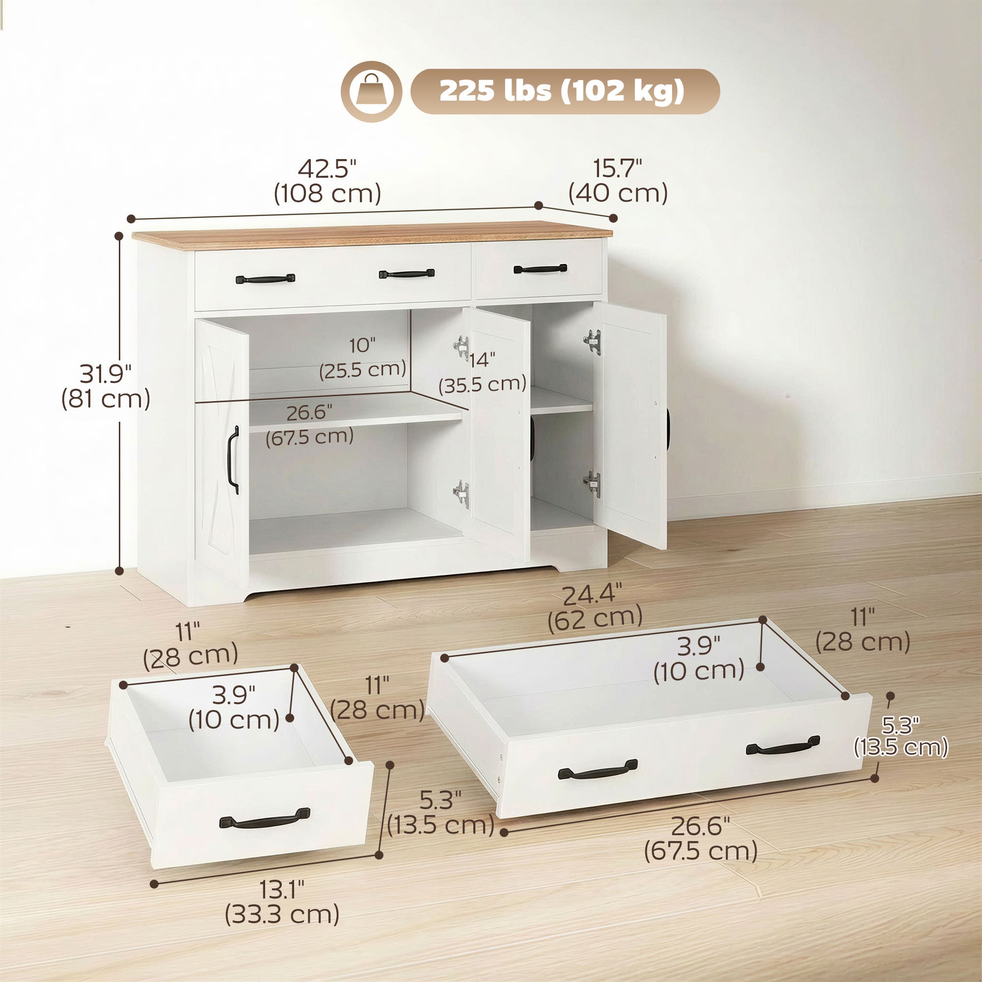 Sideboard Buffet Cabinet, 55" Farmhouse Kitchen Cabinet with 4 Barn Doors, 3 Drawers, 3 Adjustable Shelves, White