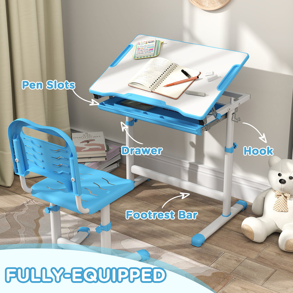 Qaba Height Adjustable Study Table and Chair Set with Drawer, Pen Slot, Tiltable Desktop, Hook, Blue