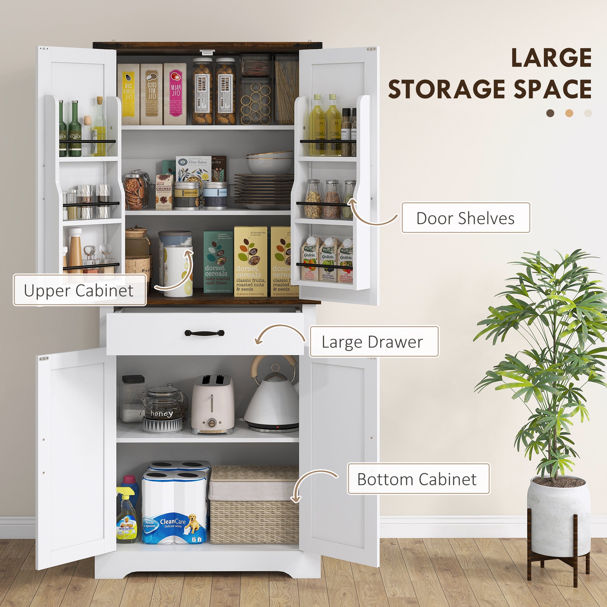 71" Tall Kitchen Cabinet, Farmhouse Pantry Cabinet with Barn Doors, Drawer and Adjustable Shelves, White