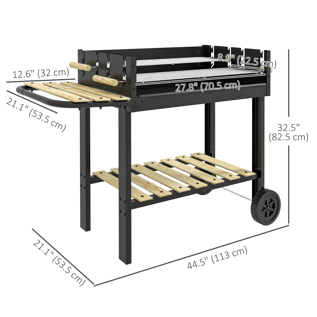 Charcoal Grill,Barbecue Trolley with Double Adjustable Grill, Side Table, Storage Shelf and Wheels, Black