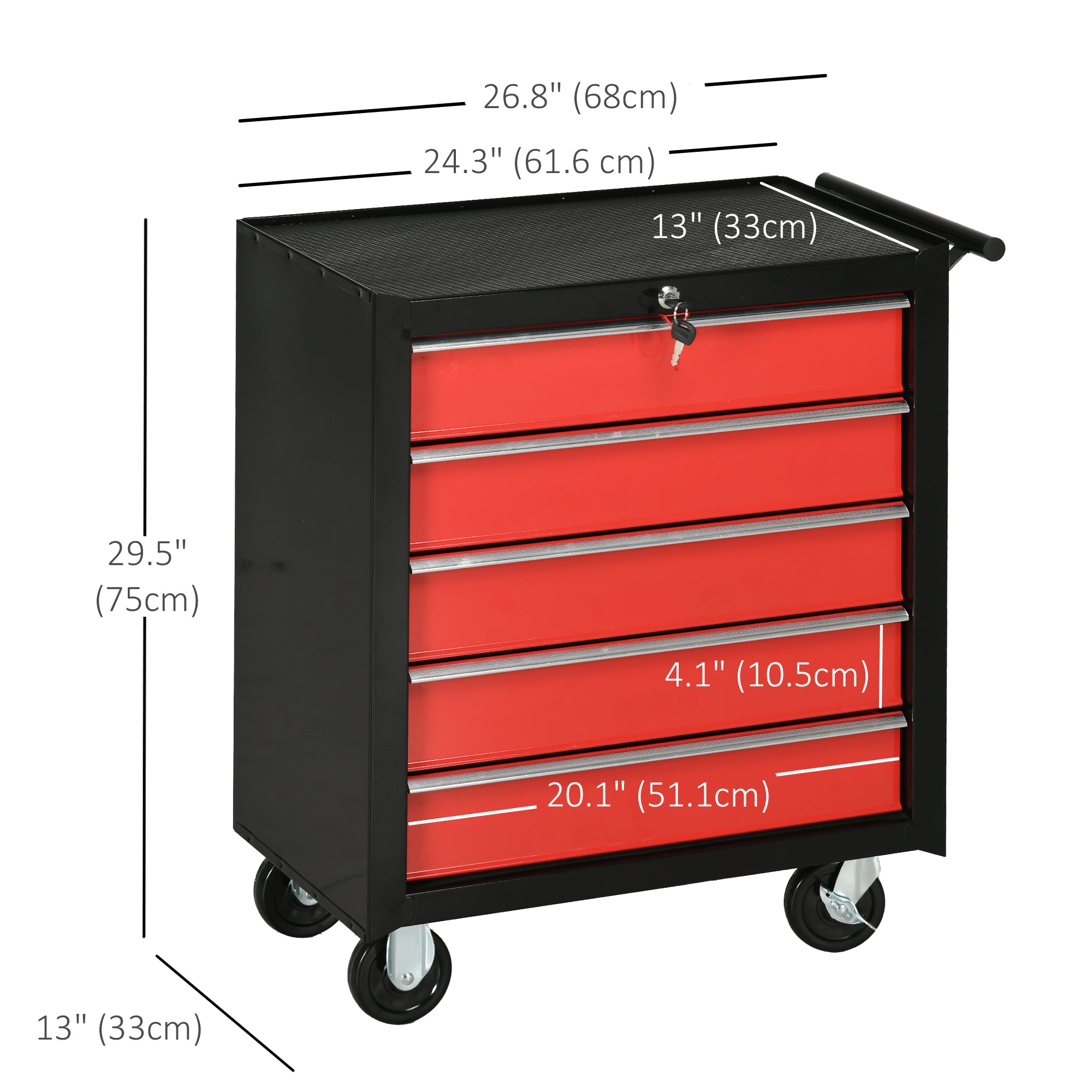 5 Drawer Roller Tool Chest, Lockable Toolbox, Storage Organizer with Handle for Workshop Mechanics Garage, Black and Red