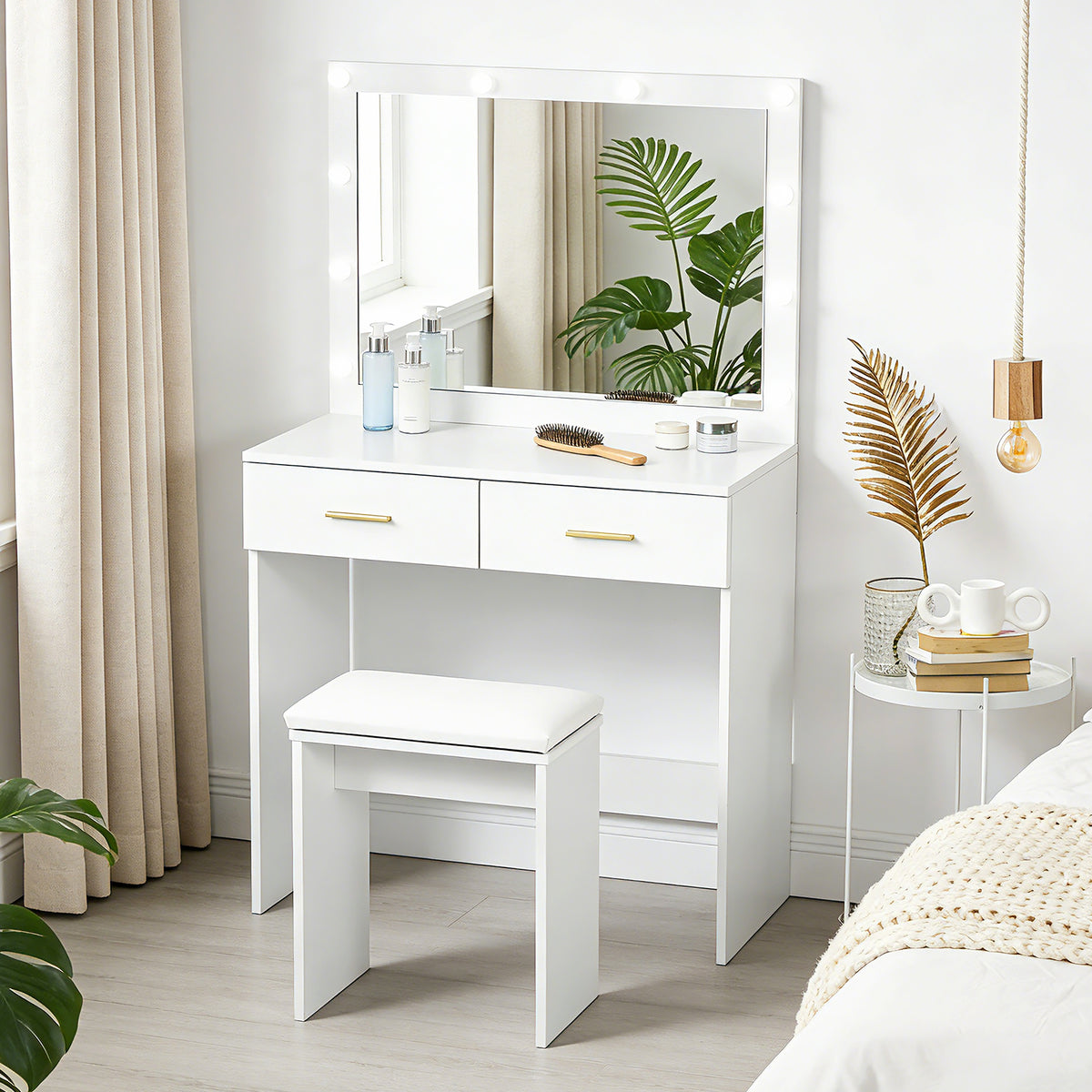 Makeup Vanity Desk Set with Stool, Dressing Table with LED Lighting Mirror, Drawers, for Bedroom, White