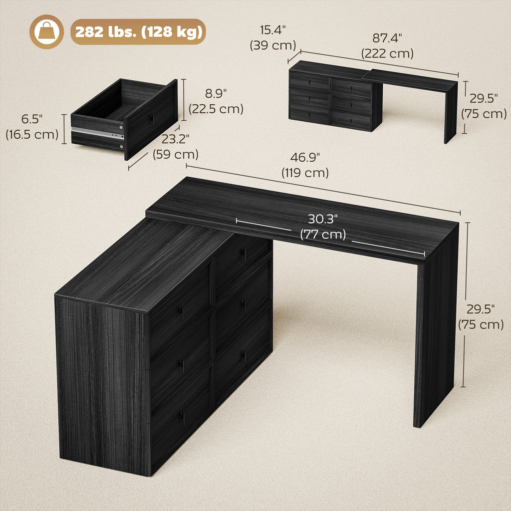 L Shaped Computer Desk Home Office Desk with 6 Drawers Black Wood Grain
