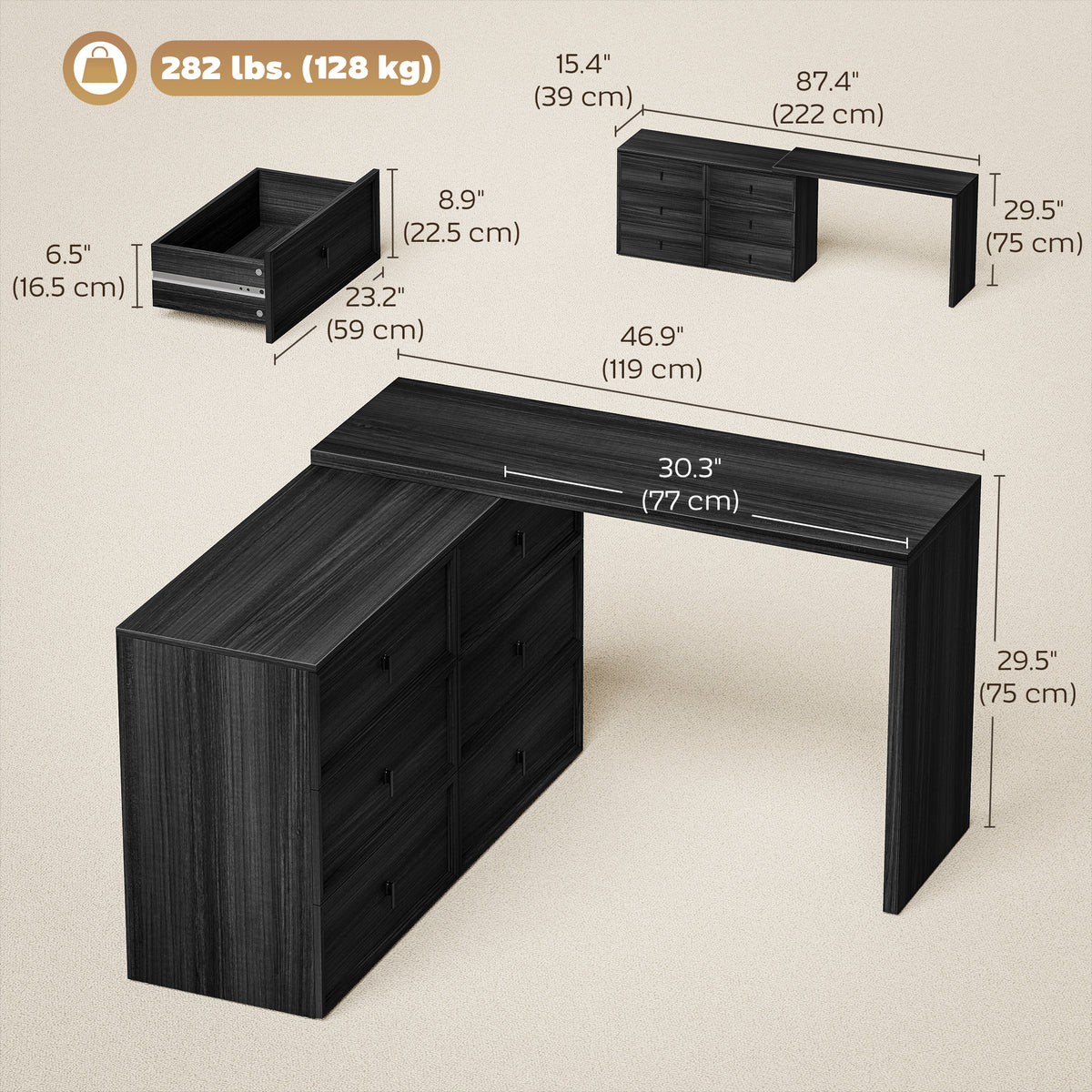 L Shaped Computer Desk Home Office Desk with 6 Drawers Black Wood Grain
