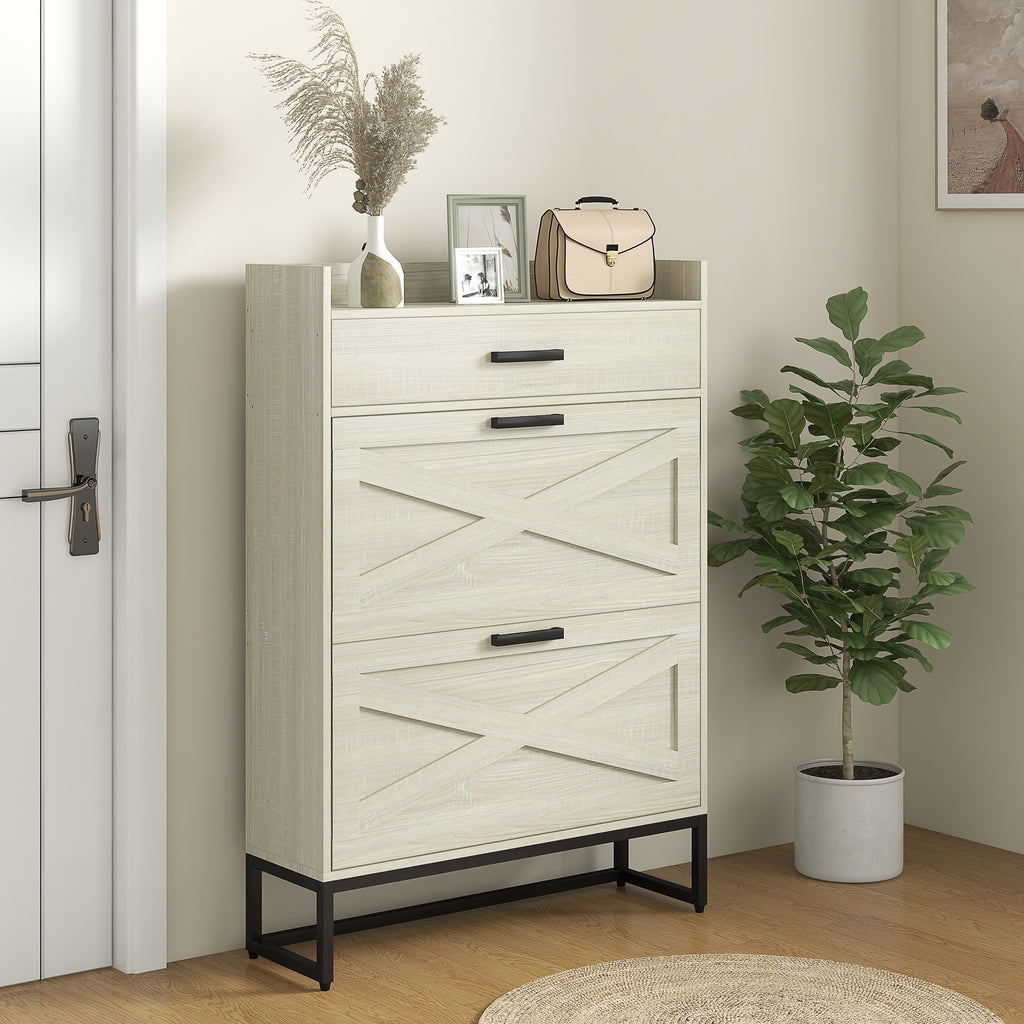 Slim Shoe Storage with 2 Flip Drawers and Adjustable Shelves Shoe Cabinet Organizer for 12 Pair, Distressed White
