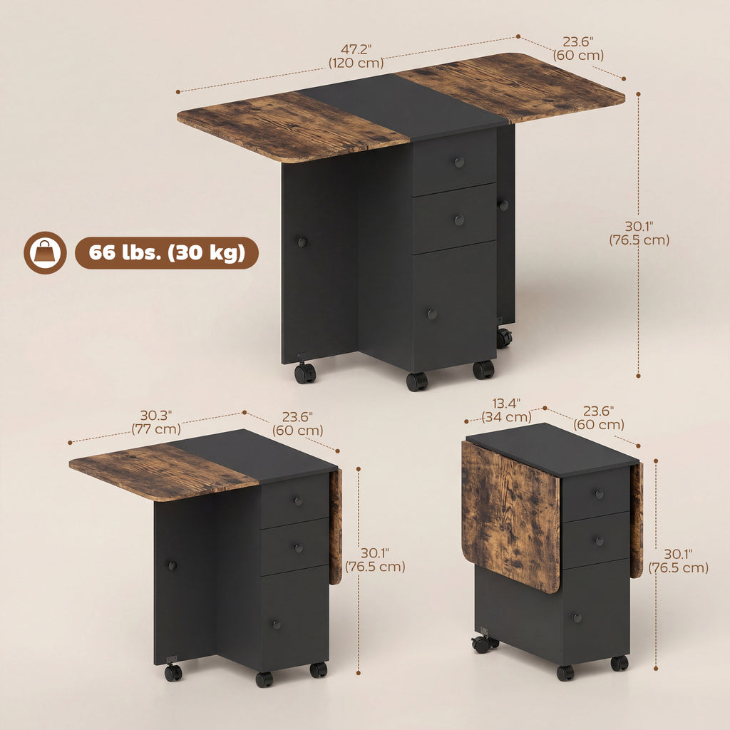Drop Leaf Dining Table, Mobile Folding Table on Wheels with Drawers and Cabinet for Dining Room, Rustic Brown and Black