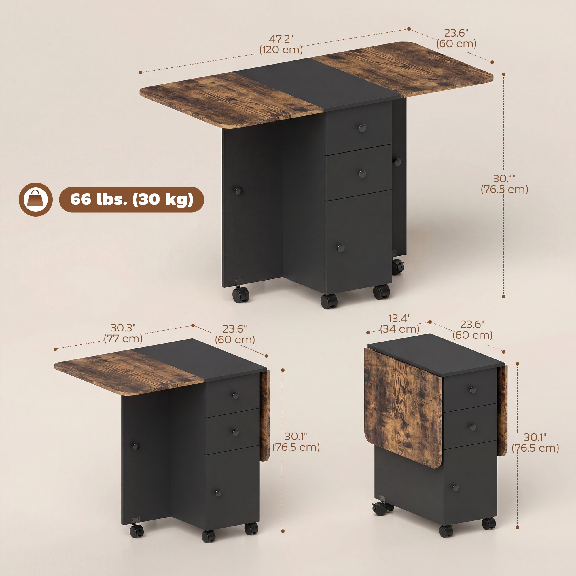 Drop Leaf Dining Table, Mobile Folding Table on Wheels with Drawers and Cabinet for Dining Room, Rustic Brown and Black