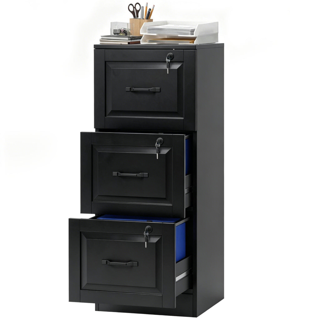 3 Drawer File Cabinet with Lock, Vertical Filing Cabinet with Adjustable Hanging Bars for A4 and Letter Size, Black