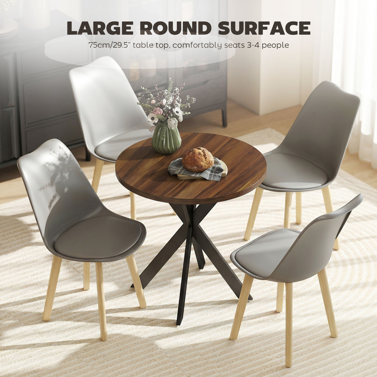 29" Dining Table, Contemporary Round Kitchen Table with Steel Legs, Brown