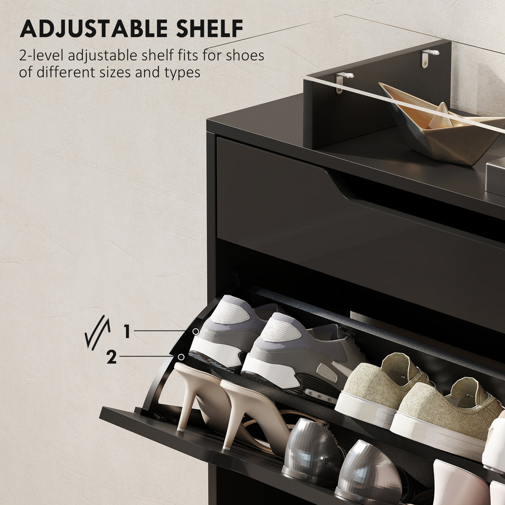 High Gloss Shoe Cabinet with 2 Flip Drawers and Adjustable Shelves, Narrow Shoe Storage Cabinet with Glass Top, White