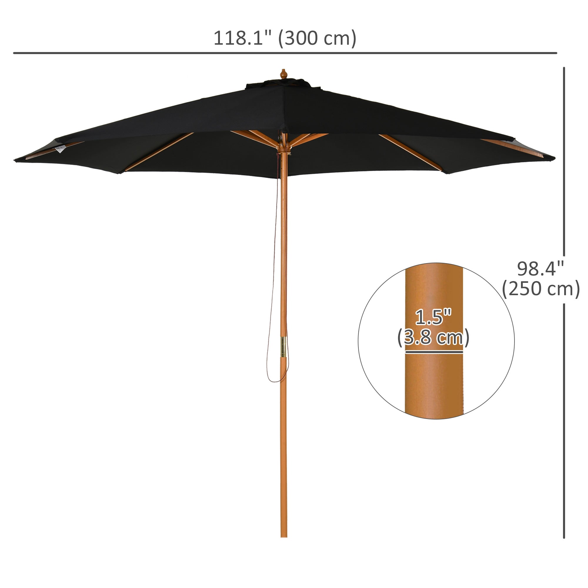 10' x 8' Wooden Patio Umbrella, Garden Parasol, Outdoor Sunshade Canopy with Bamboo Rib for Outdoor, Grey