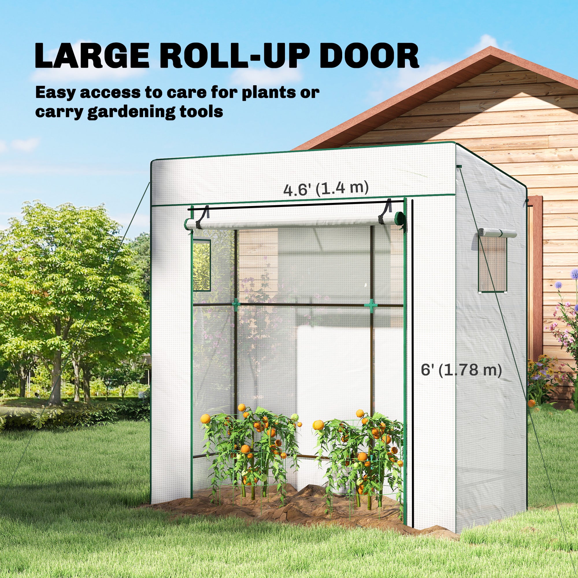 Walk-in Tomato Greenhouse Lean-to Green House with Reinforced PE Cover, Roll-up Door, Mesh Windows, Green