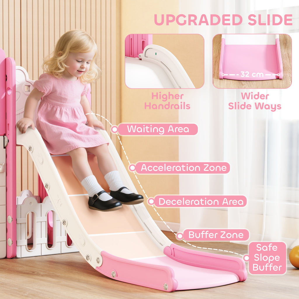 Qaba 7 in 1 Toddler Slide with Basketball Hoop, Climbing Frame, Telescope, Drawing Board, Storage Box for Ages 1-3, Pink