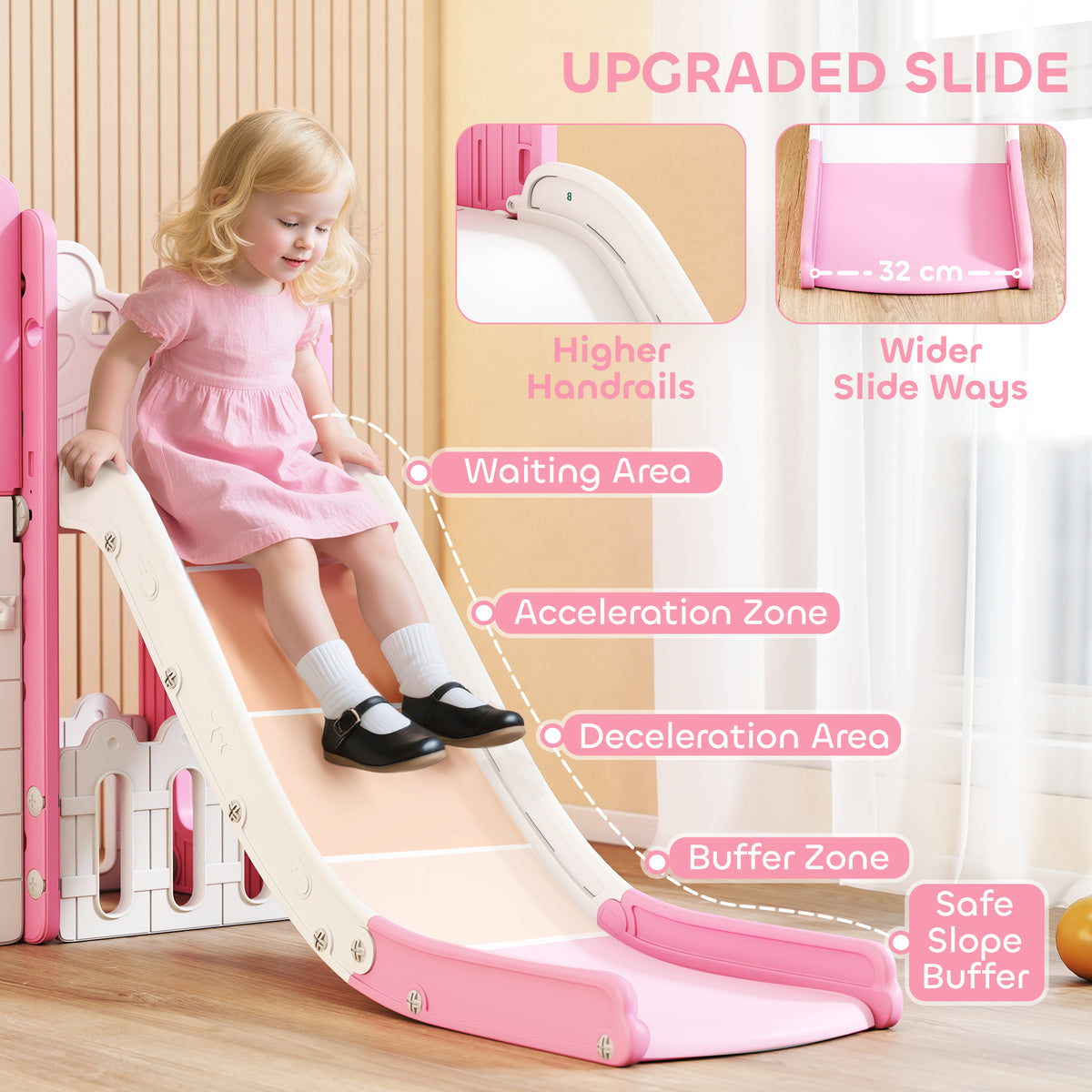 Qaba 7 in 1 Toddler Slide with Basketball Hoop, Climbing Frame, Telescope, Drawing Board, Storage Box for Ages 1-3, Pink