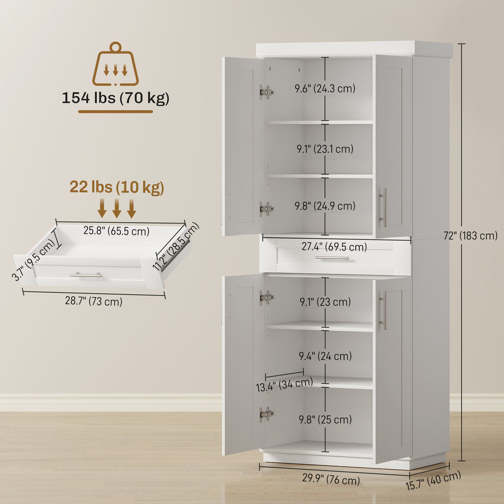 72" Storage Cabinet, Freestanding Kitchen Pantry Cabinet with 4 Doors, Drawer and 3 Adjustable Shelves, White