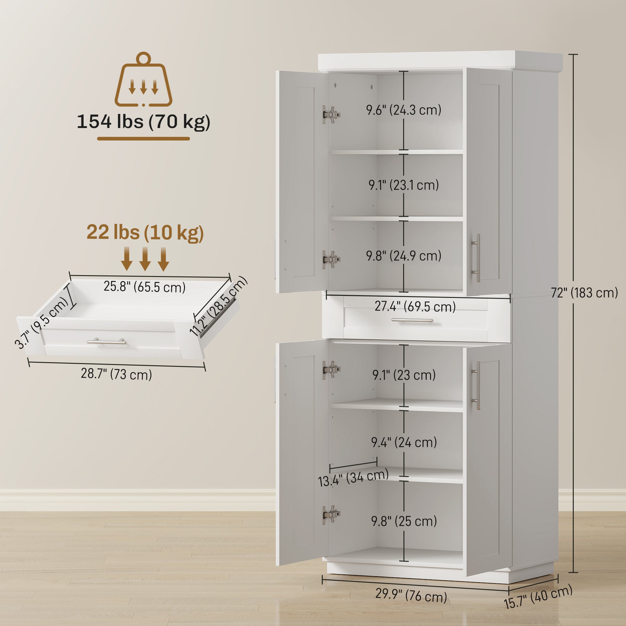 72" Storage Cabinet, Freestanding Kitchen Pantry Cabinet with 4 Doors, Drawer and 3 Adjustable Shelves, White