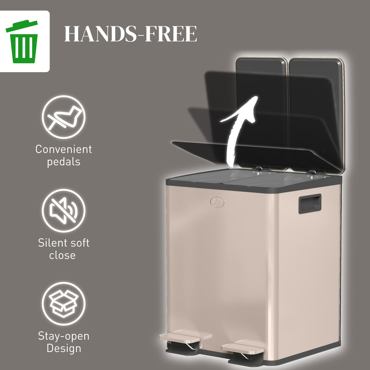 Garbage Bin, Soft-Close Trash Can with Foot Pedal, 2x5 Gal (2x20 L) Garbage Can with Removable Inner Buckets, Gold