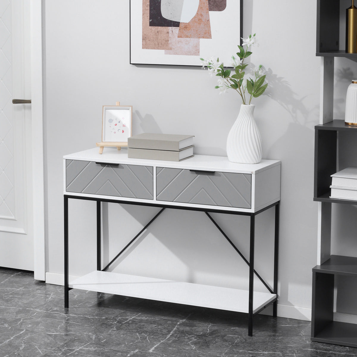 Modern Console Table with 2 Drawers, 2 Tier Entryway Table with storage Shelf, Narrow Sofa Table for Living Room, Hallway, White