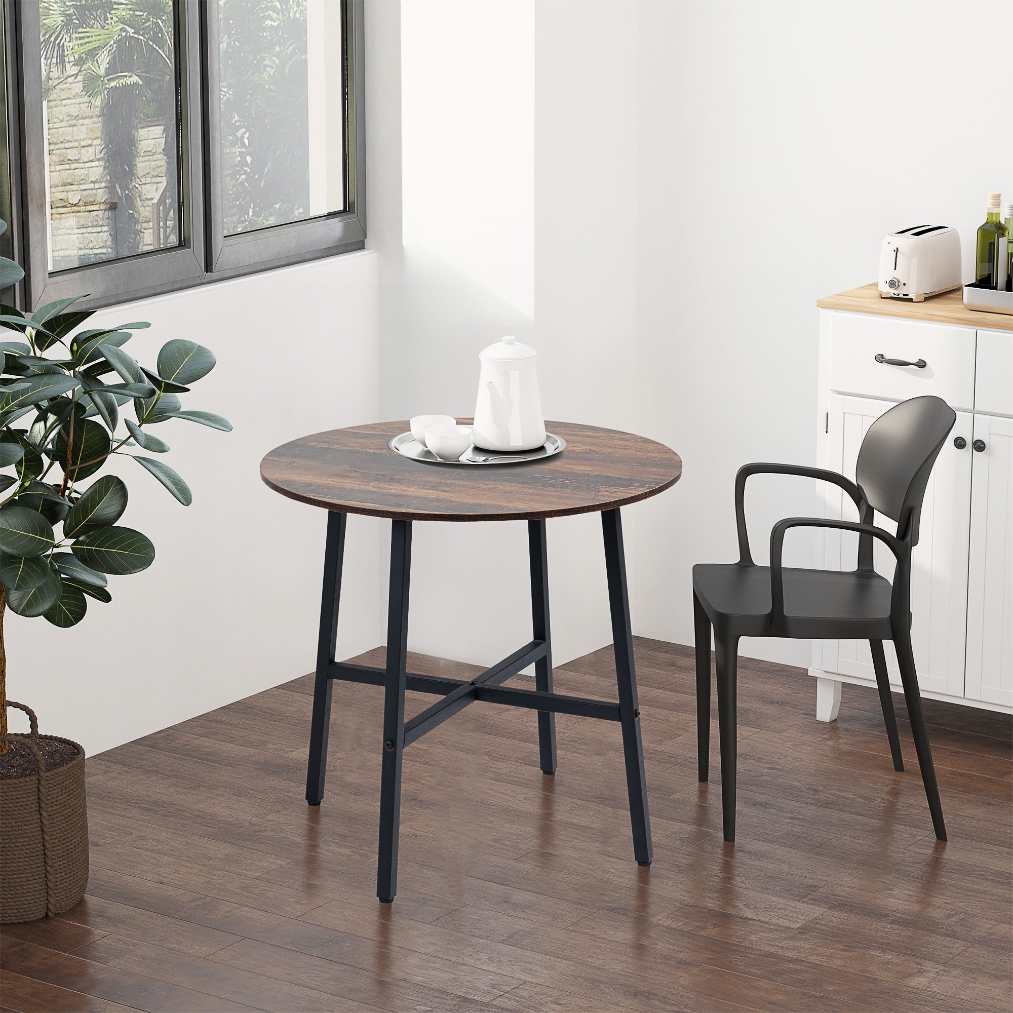 Ф31.5" Dining Room Table, Industrial Style Kitchen Table Round  with Steel Legs, Rustic Brown