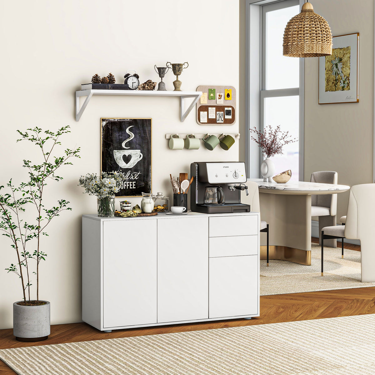 Kitchen Sideboard Storage Cabinet, Modern Coffee Bar with Push-Open Design and 2 Drawers for Living Room, Black