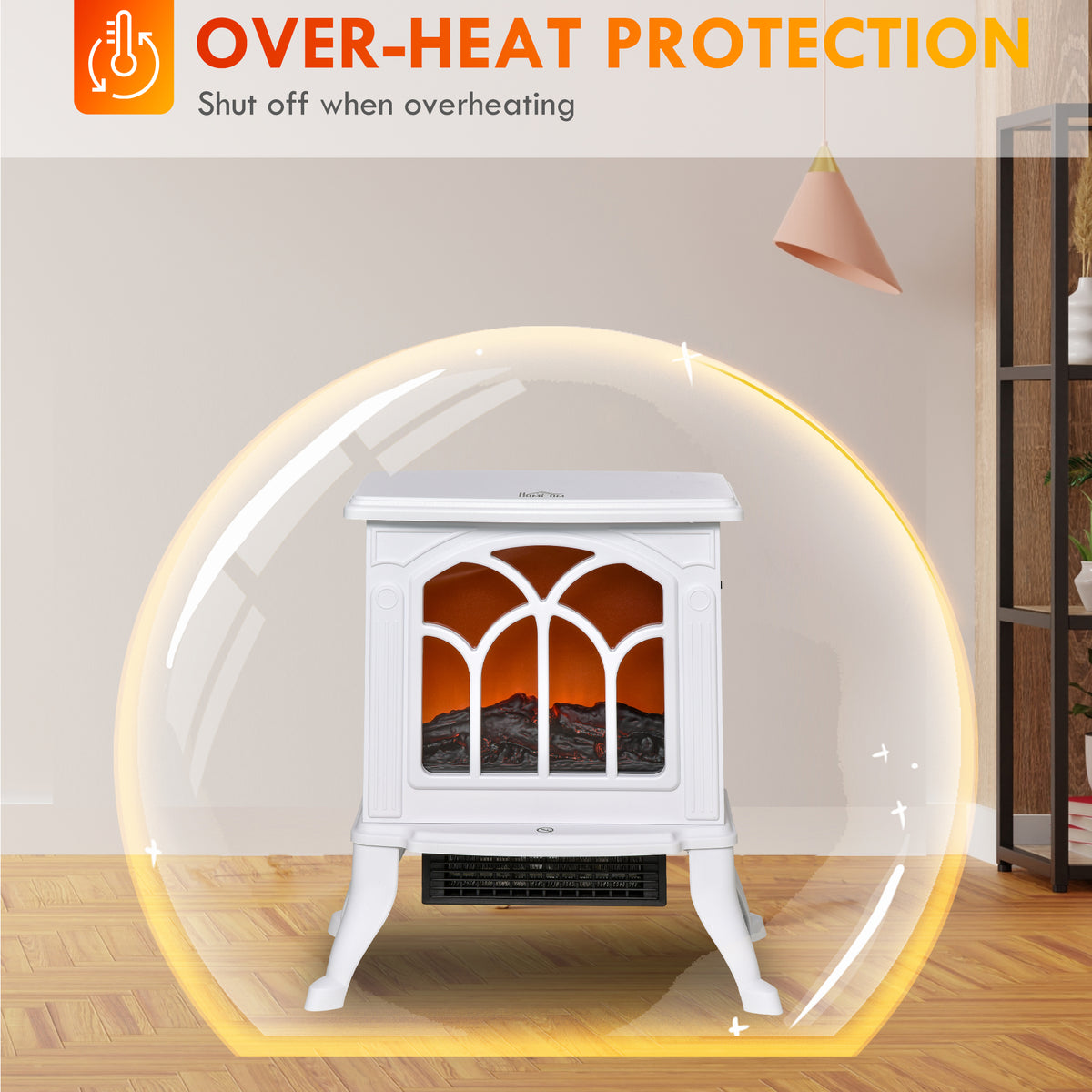 Electric Fireplace Heater, Freestanding Fireplace Stove with Realistic Flame, Overheat Protection, 750W/1500W, White