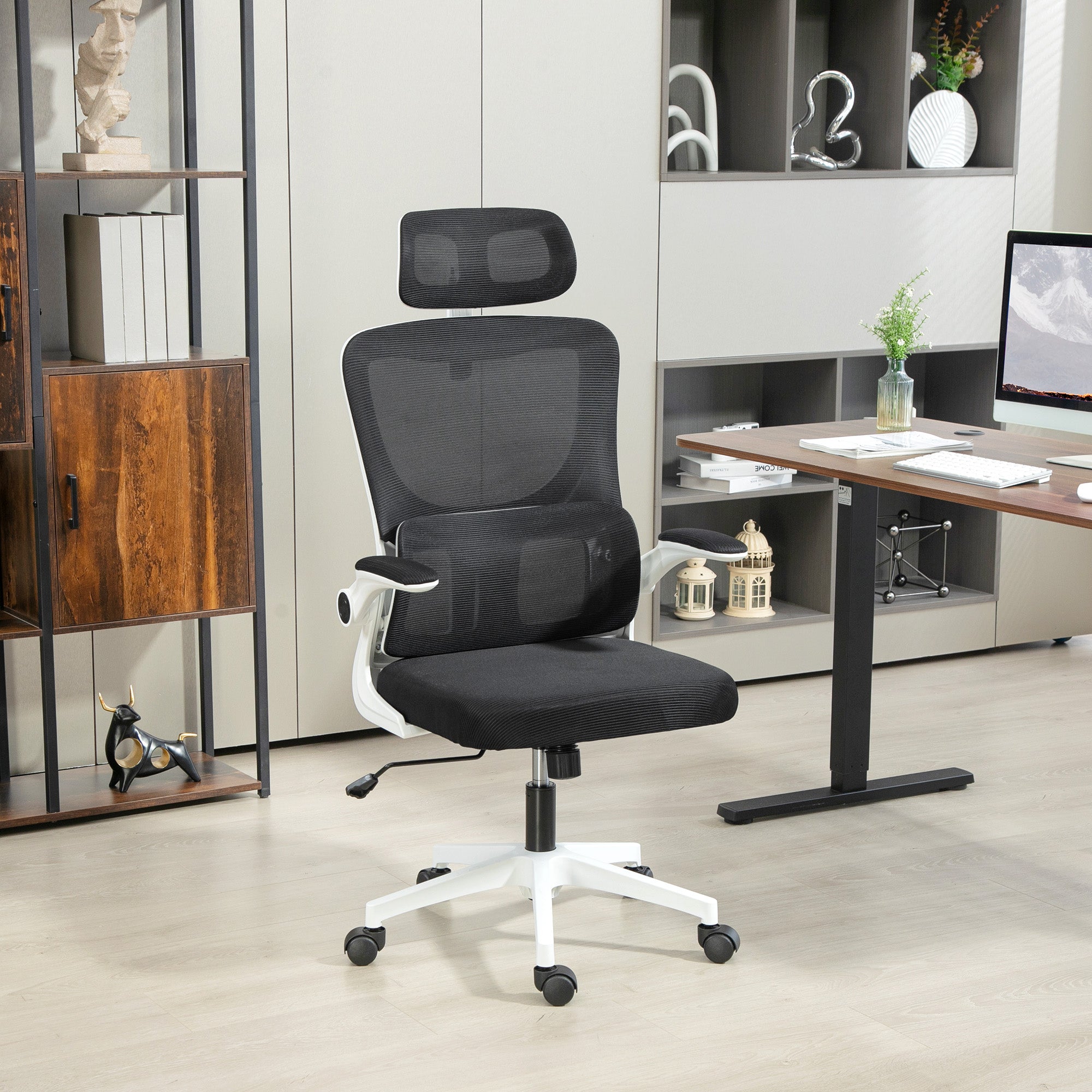 High Back Office Chair, Mesh Computer Desk Chair with Rotatable Headrest, Lumbar Back Support, Adjustable Height, Black