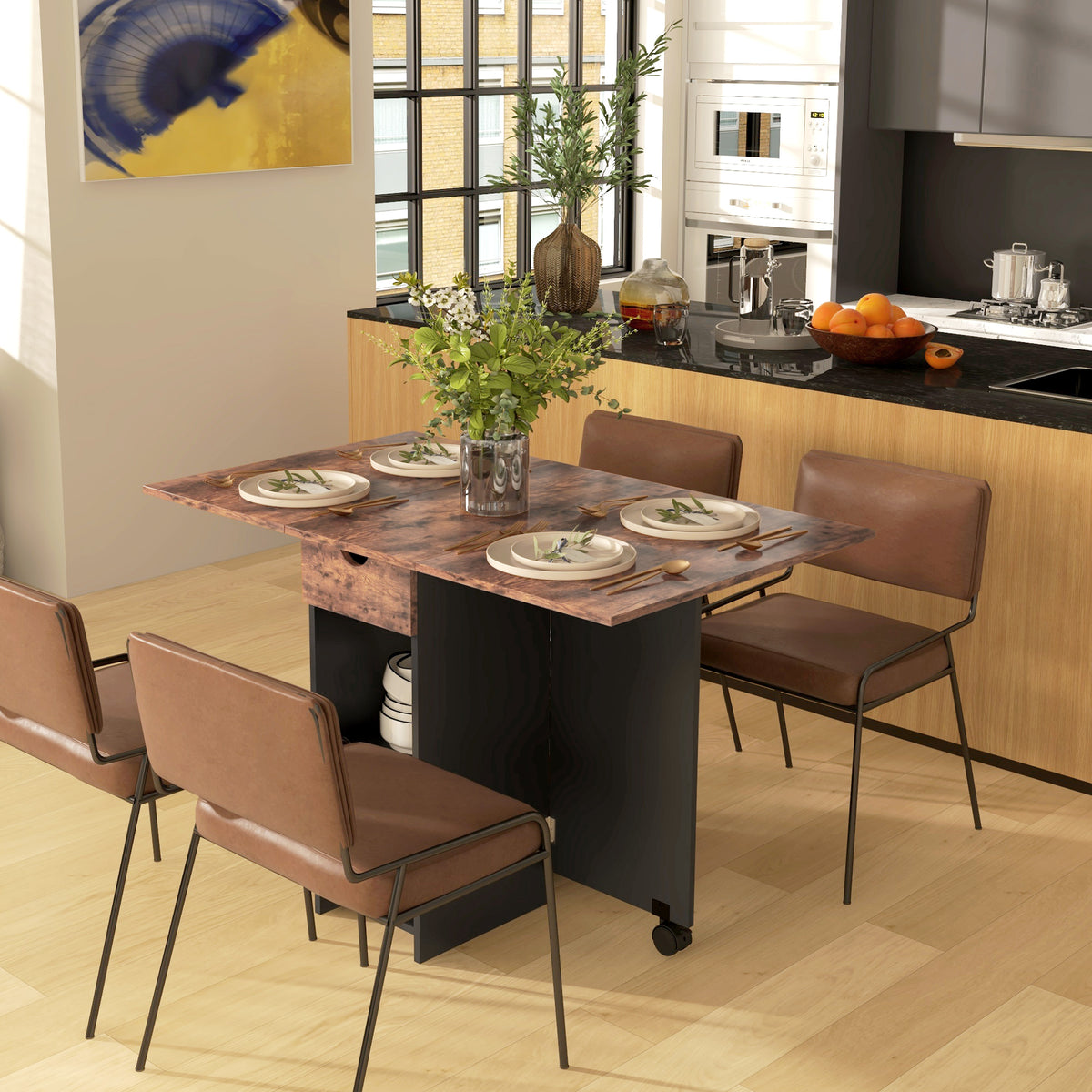 Folding Dining Table, Space Saving Drop Leaf Table with Drawer and Shelves for Kitchen, Dining Room, Rustic Brown