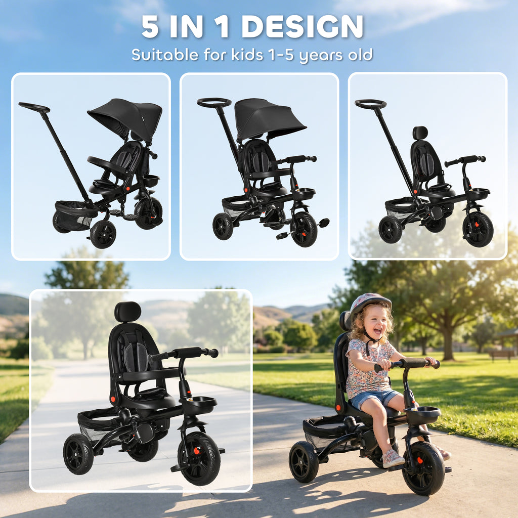 Qaba Tricycle for Toddler 5 in 1 Kids Trike, Foldable Converts Stroller to Toddler Bike, Adjustable Backrest & Curved Canopy, Detachable Guardrail & Handle for 1-5 Years Old, Black