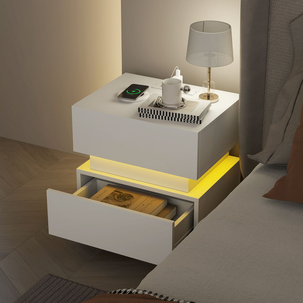 Bedside Table with Charging Station and LED Light Modern Nightstand with USB Ports AC Outlets Drawers Remote, Black