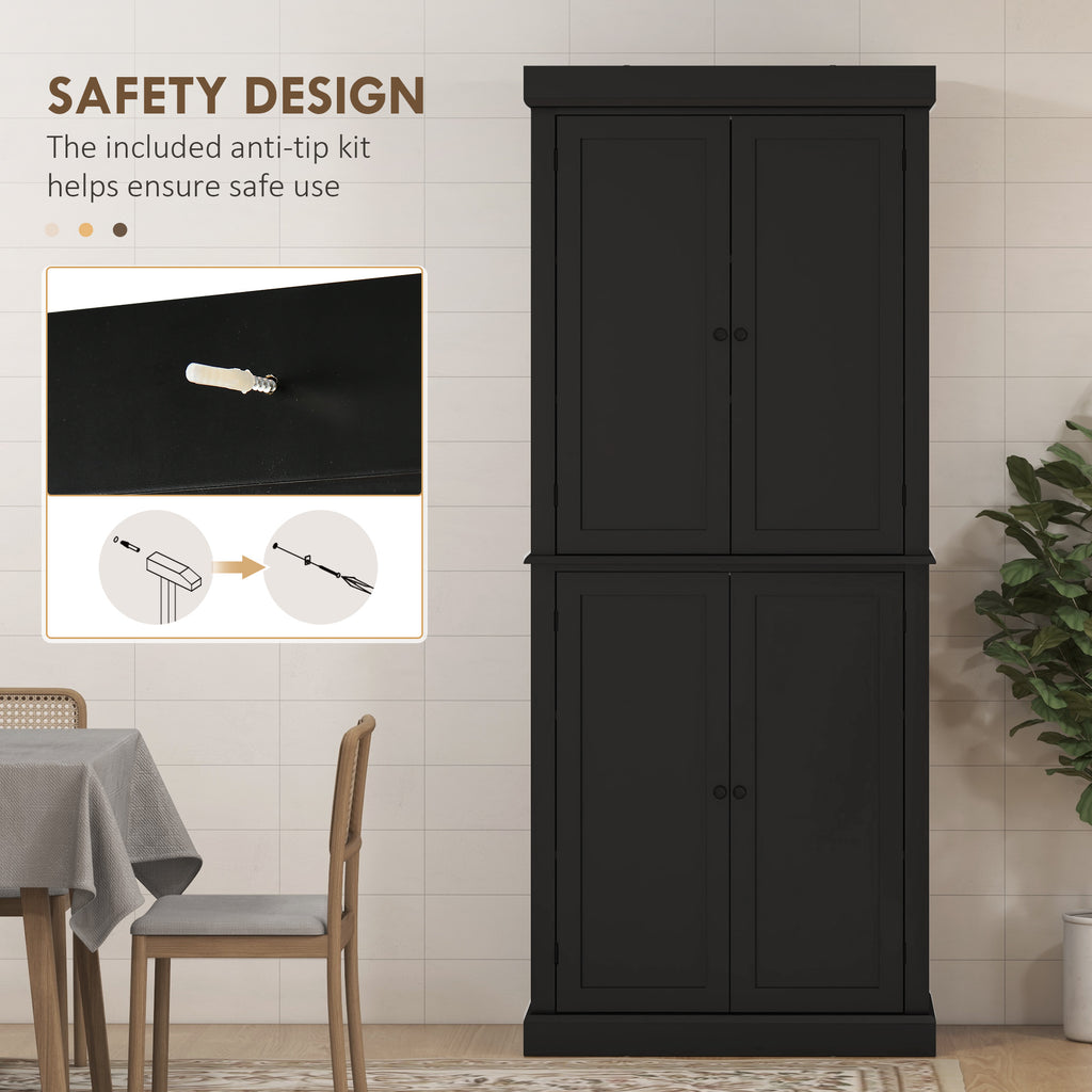 72.5" Freestanding Kitchen Pantry Cabinet with 4 Doors, Black