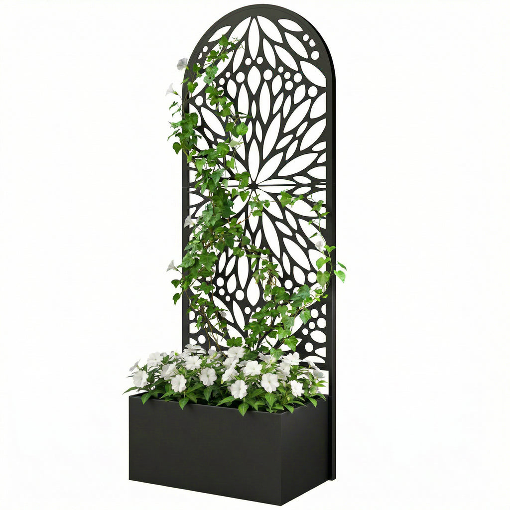 Metal Raised Garden Bed with Trellis for Climbing Plants, Freestanding or Wall Mounted Flower Bed with Privacy Panel