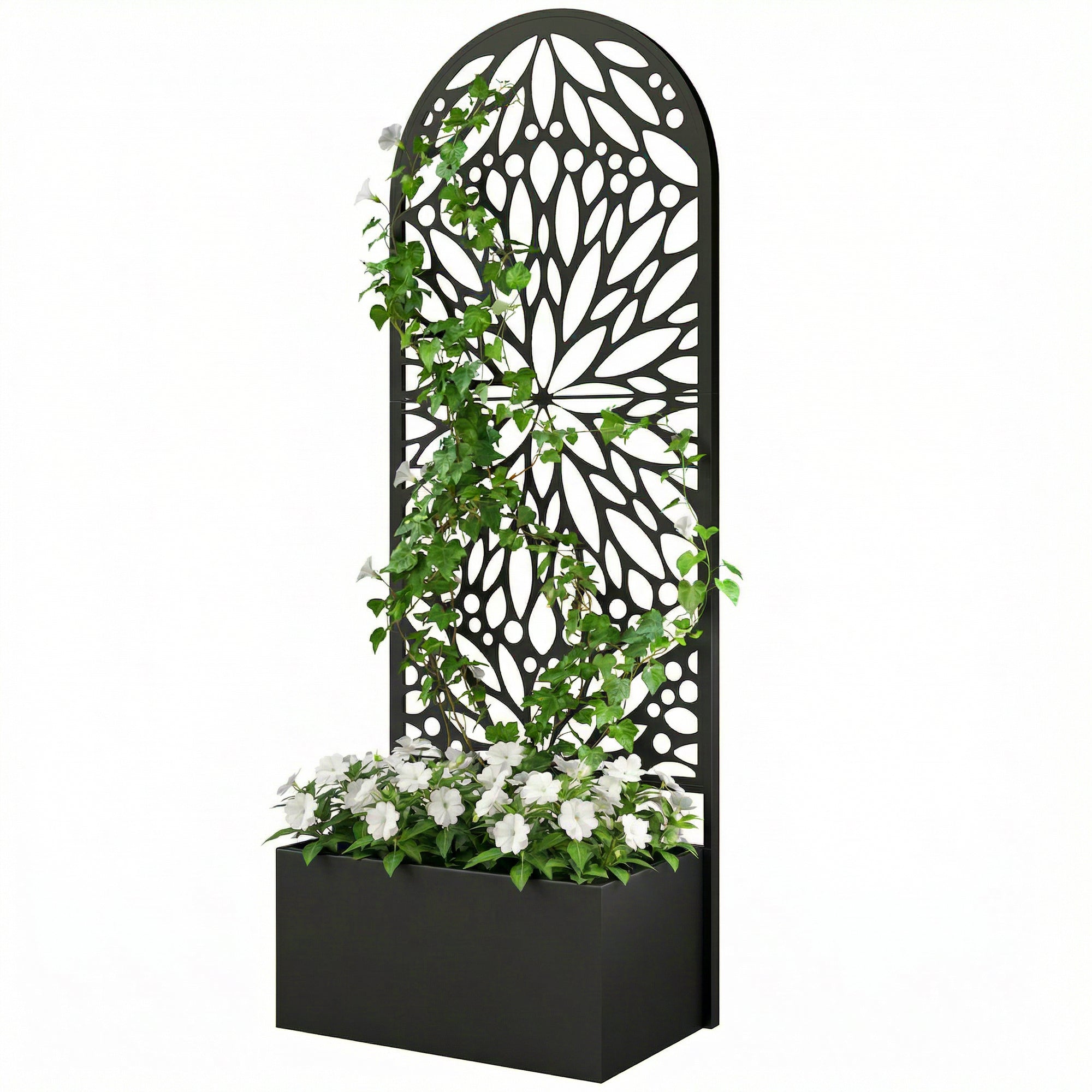 Metal Raised Garden Bed with Trellis for Climbing Plants, Freestanding or Wall Mounted Flower Bed with Privacy Panel