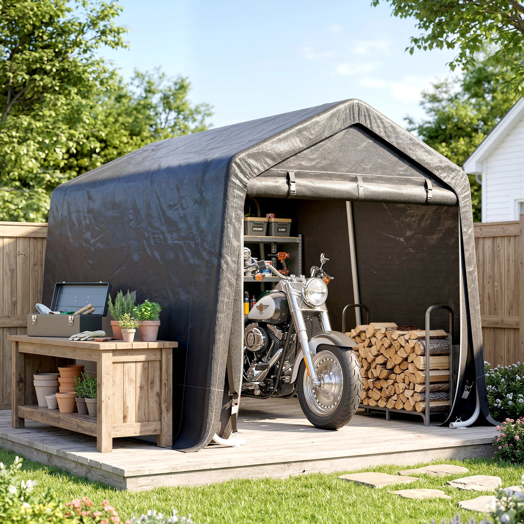 7.9' x 6.6' Garden Storage Tent, Patio Storage Shelter w/ Metal Frame and Double Zipper Doors, Dark Grey