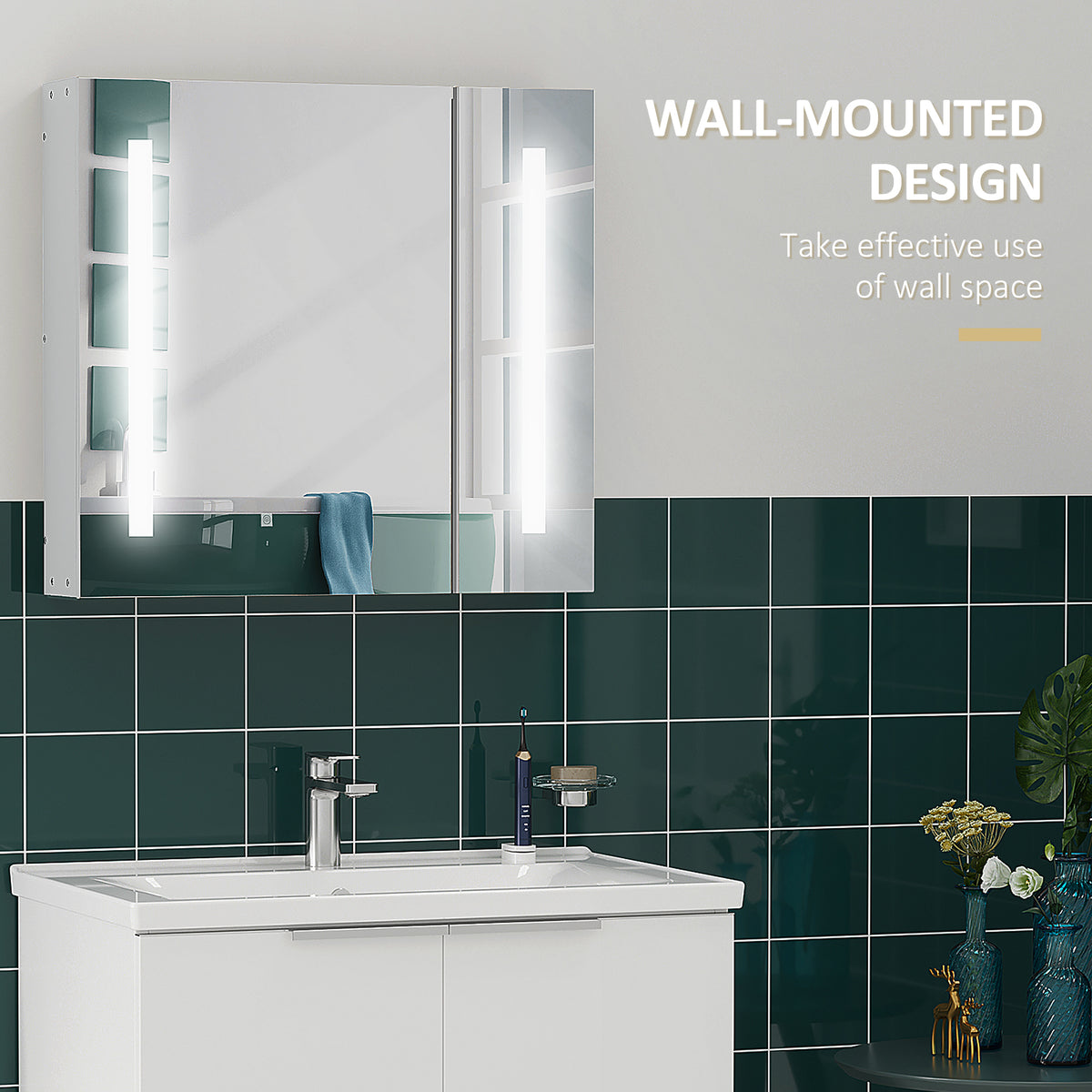 LED Medicine Cabinet with Mirror and Lights, 27.5" x 25.5" Lighted Bathroom Wall Cabinet, Bathroom Mirror Cabinet with Adjustable Shelf, USB Charge, White