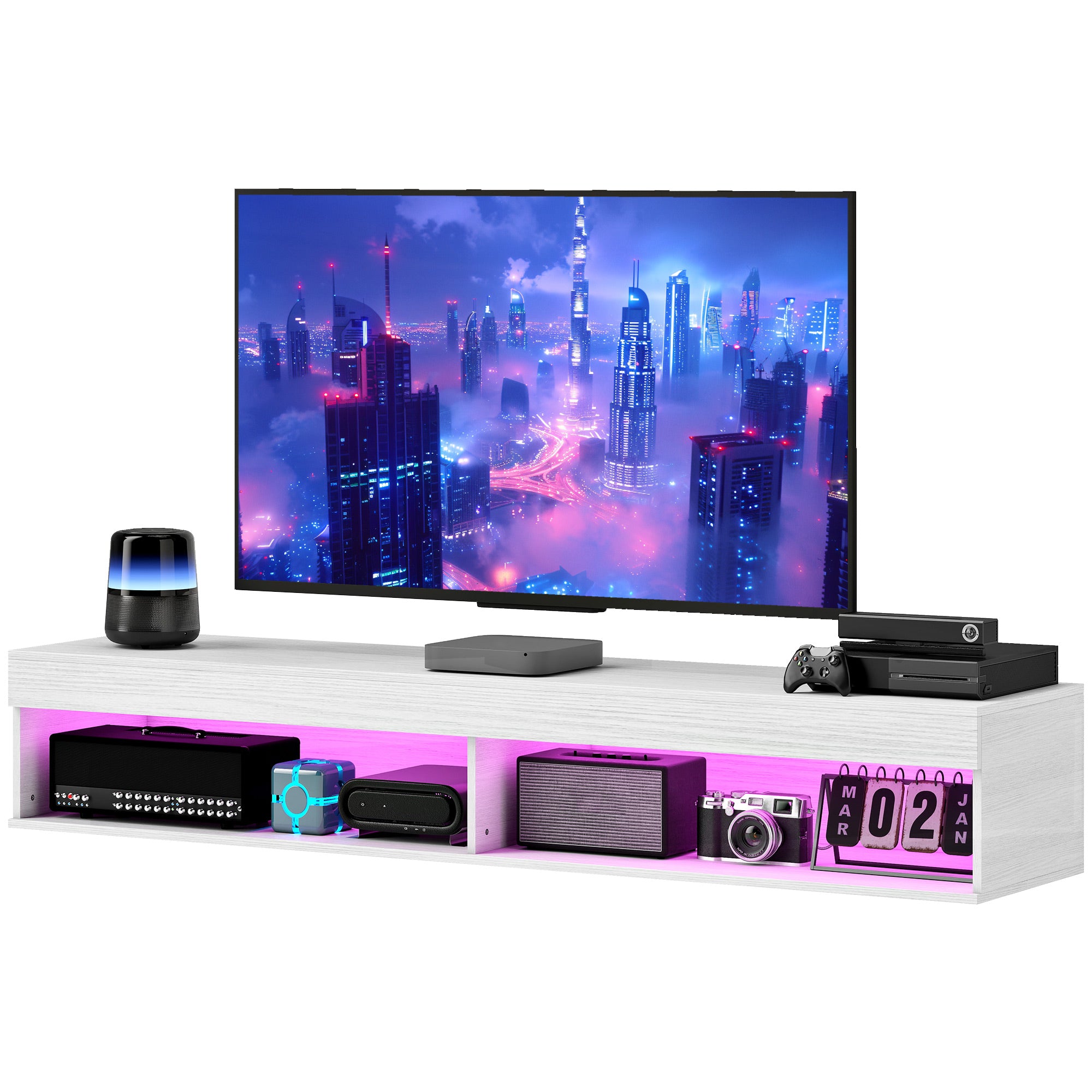 Modern Wall Mounted TV Stand with Storage and LED Lights for TVs up to 75", Floating TV Shelf for Living Room, Black