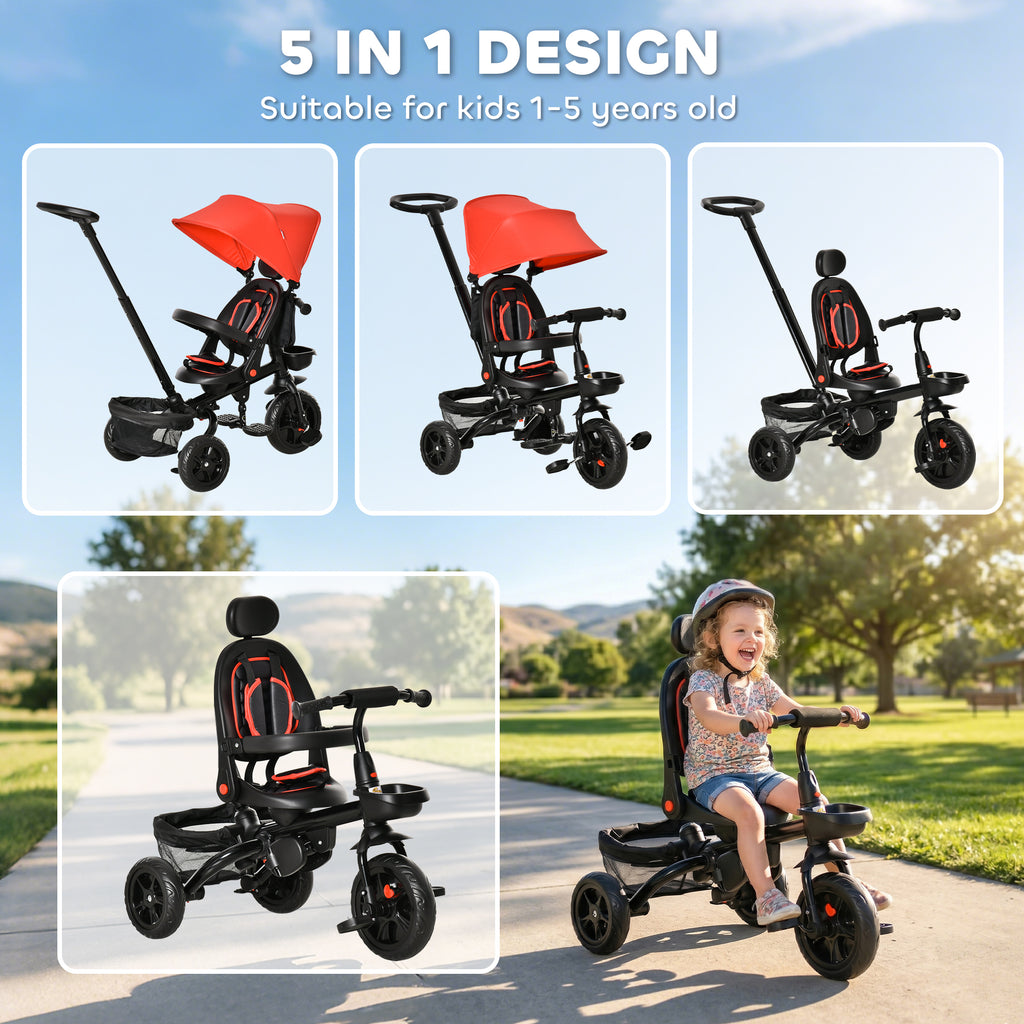 Qaba Tricycle for Toddler 5 in 1 Kids Trike, Foldable Converts Stroller to Toddler Bike, Adjustable Backrest & Curved Canopy, Detachable Guardrail & Handle for 1-5 Years Old, Red