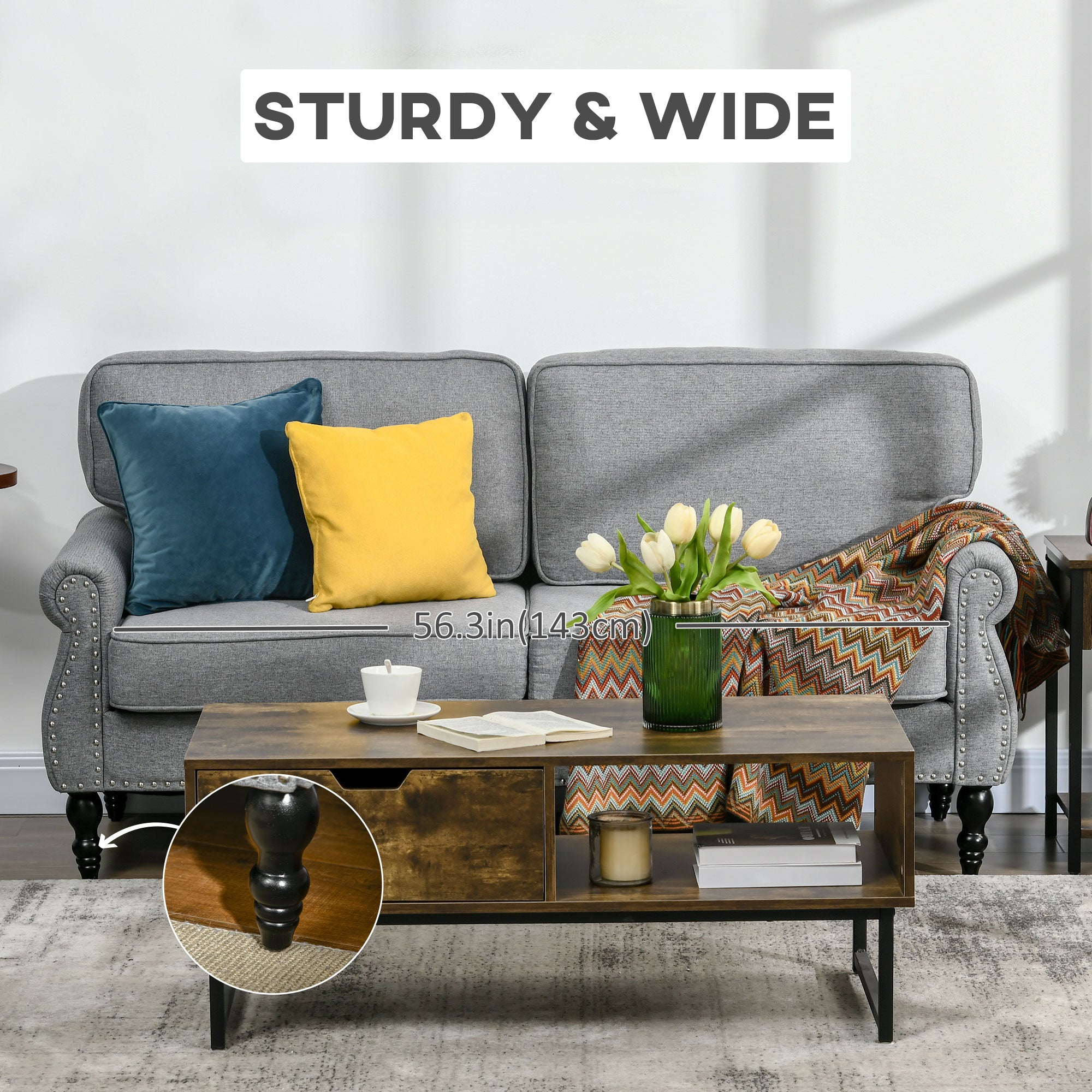 Stylish Midback Double Sofa with Sponge Padding, 2 Seater Sofa Couch, with Rubber Wood Leg, Grey