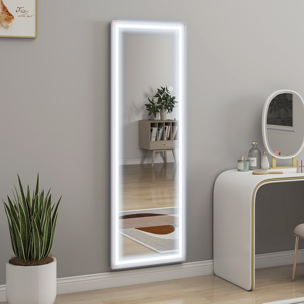 مرآة LED مع إضاءة قابلة للتعتيم و3 ألوان، مرآة أرضية مستطيلة 64 بوصة × 21 بوصة لغرفة النوم وغرفة المعيشة، وردي