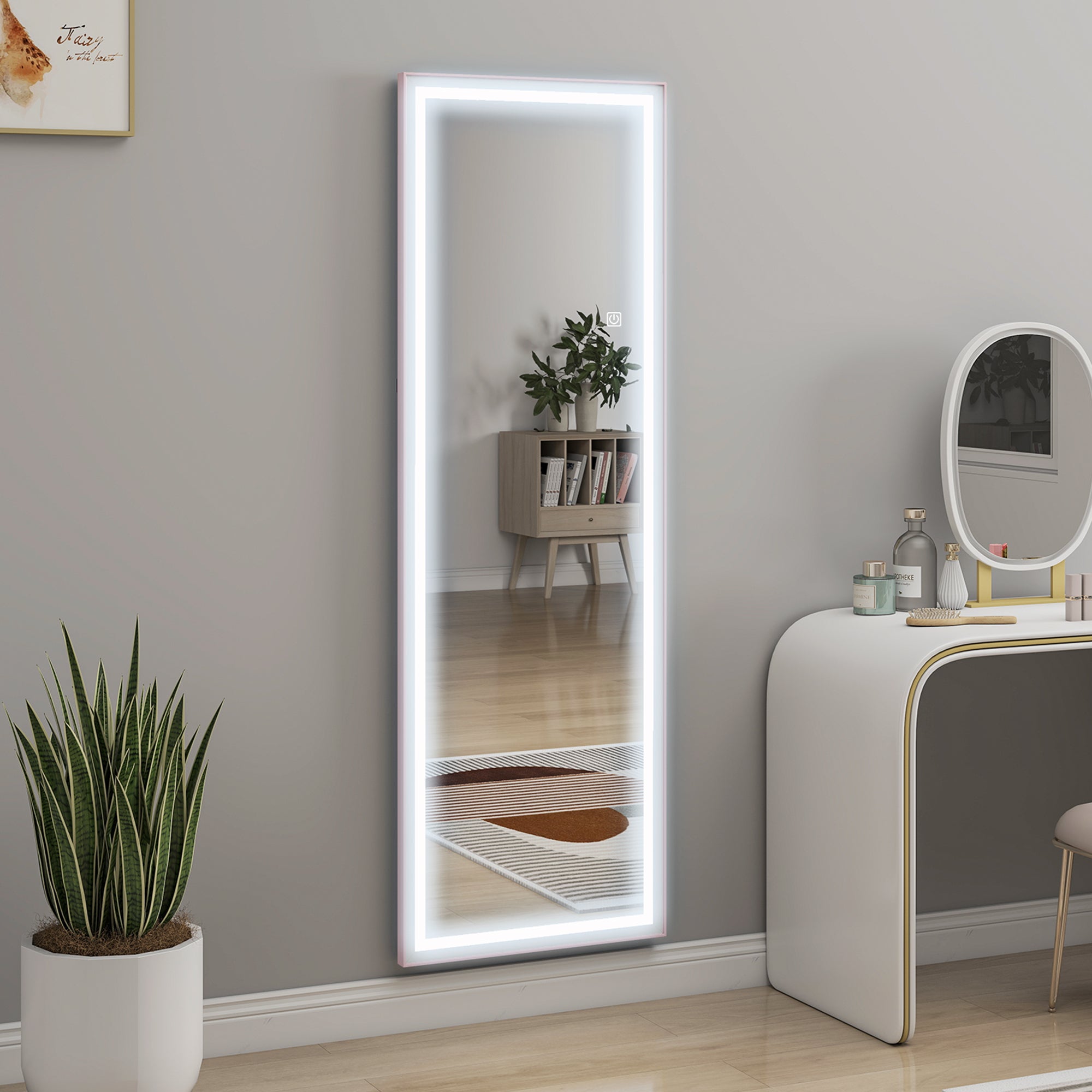 مرآة LED مع إضاءة قابلة للتعتيم و3 ألوان، مرآة أرضية مستطيلة 64 بوصة × 21 بوصة لغرفة النوم وغرفة المعيشة، وردي