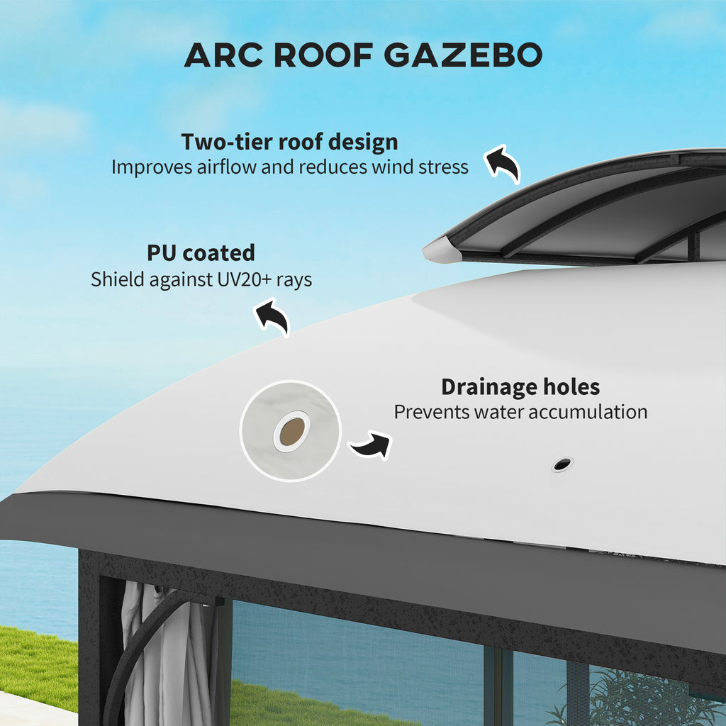 11' x 13' Patio Gazebo, Double Roof Outdoor Gazebo Canopy with Netting & Curtains, Galvanized Metal Frame, Light Grey