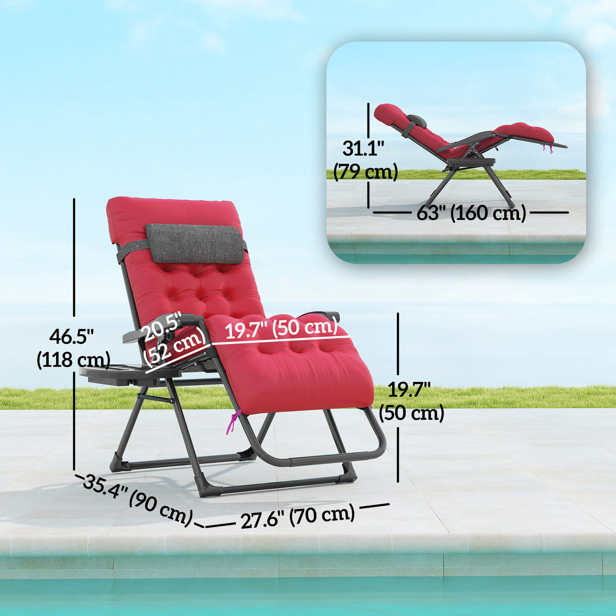 Padded Zero Gravity Chair, Folding Recliner Chair, Patio Lounger with Cup Holder, Adjustable Backrest, Removable Cushion for Outdoor, Deck, Poolside, Red